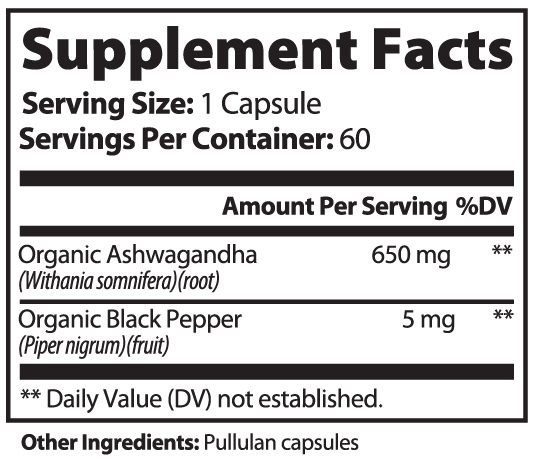 Organic Ashwagandha with Black Pepper Supplement Facts