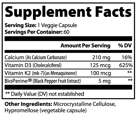 Minimo Nutrition Bone & Heart Support Vitamin K2 + D3 Supplement Facts