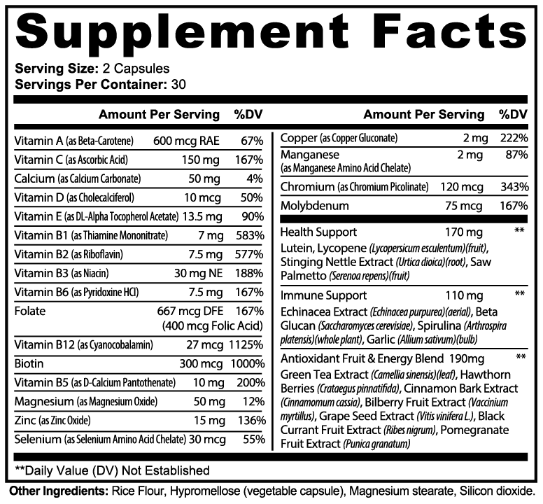 Minimo Nutrition Complete Multivitamin + Immunity Boost Supplement Facts