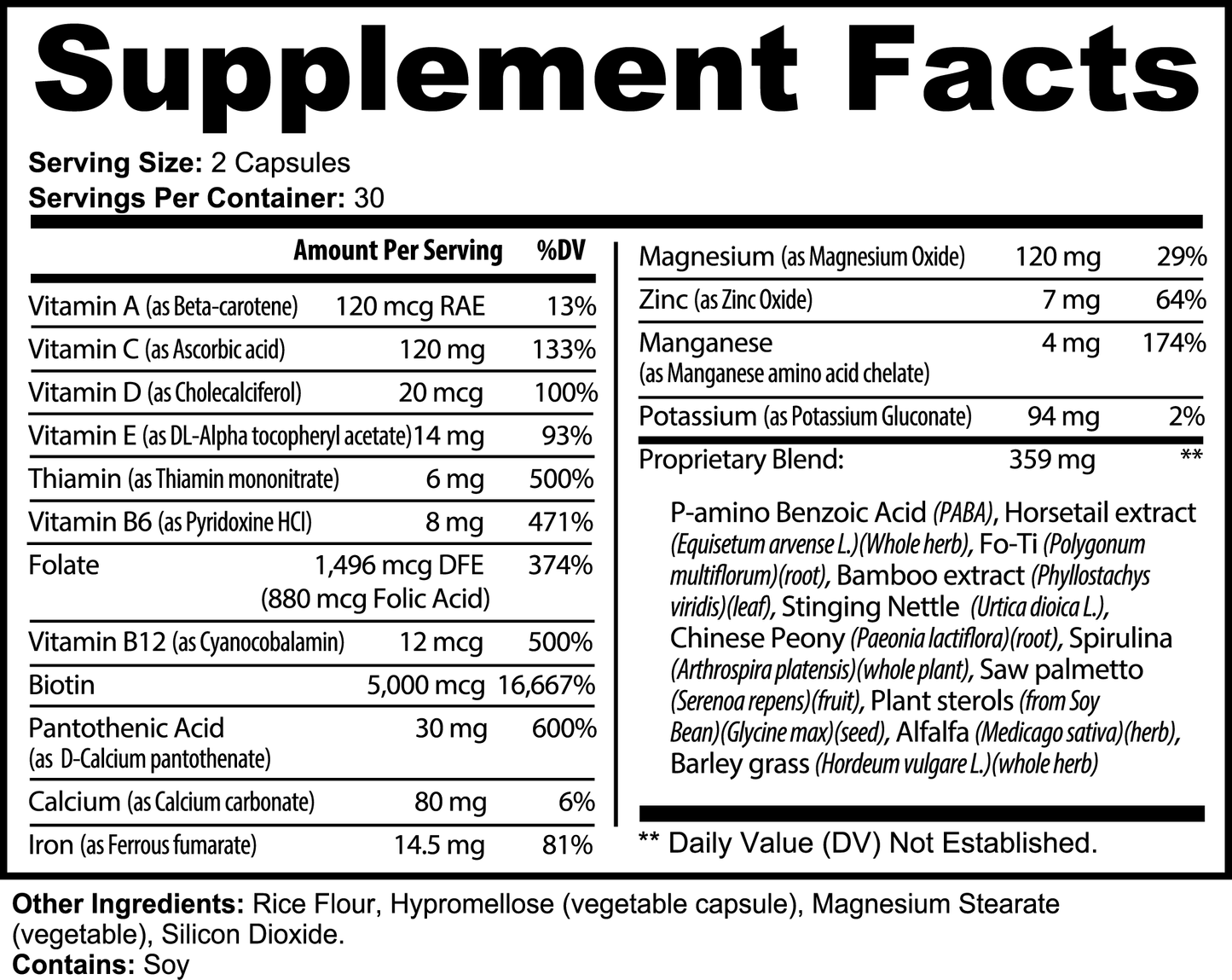 Minimo Nutrition Hair, Skin and Nails Essentials, 60 ct. Supplement Facts