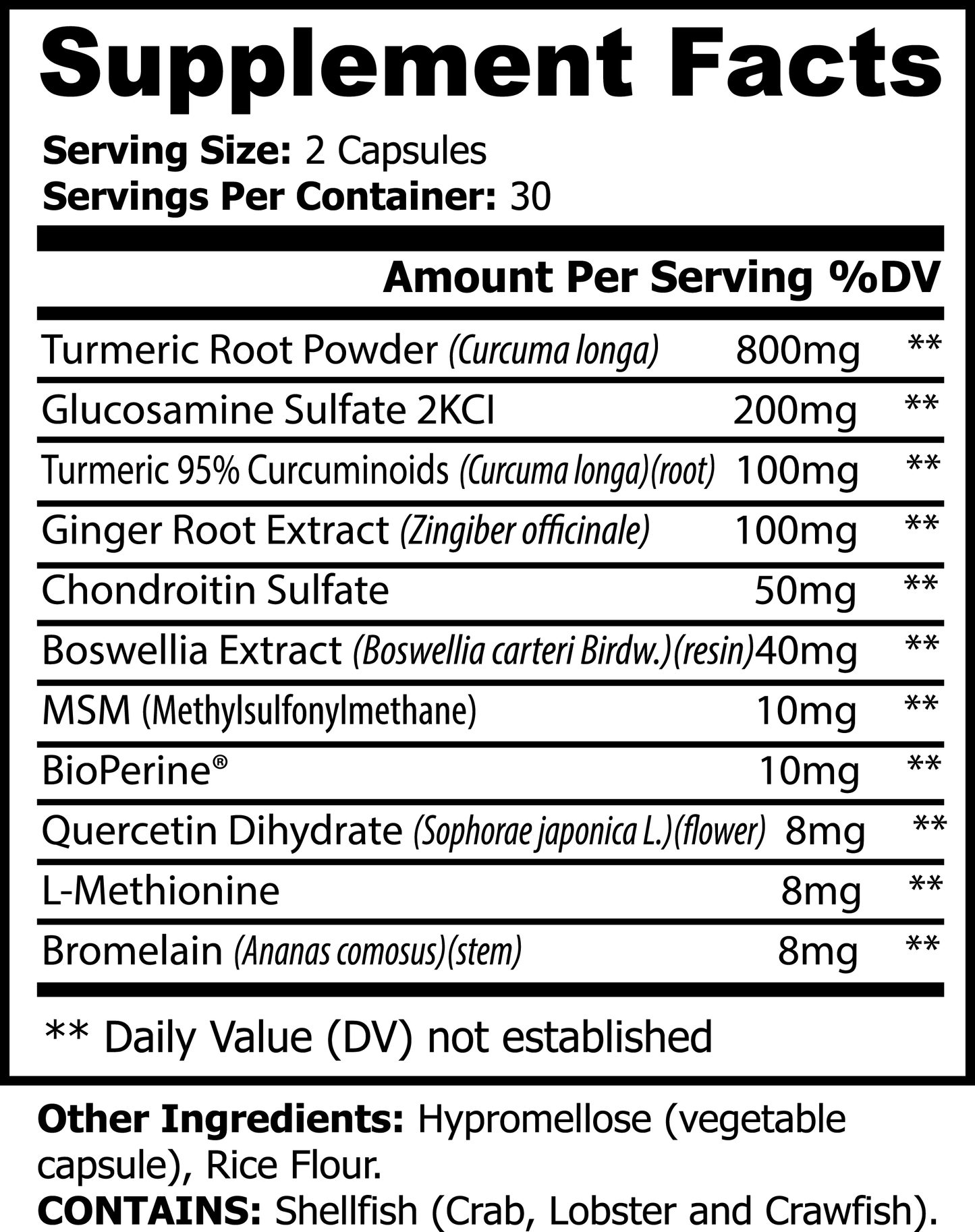 Minimo Nutrition Platinum Turmeric Supplement Facts