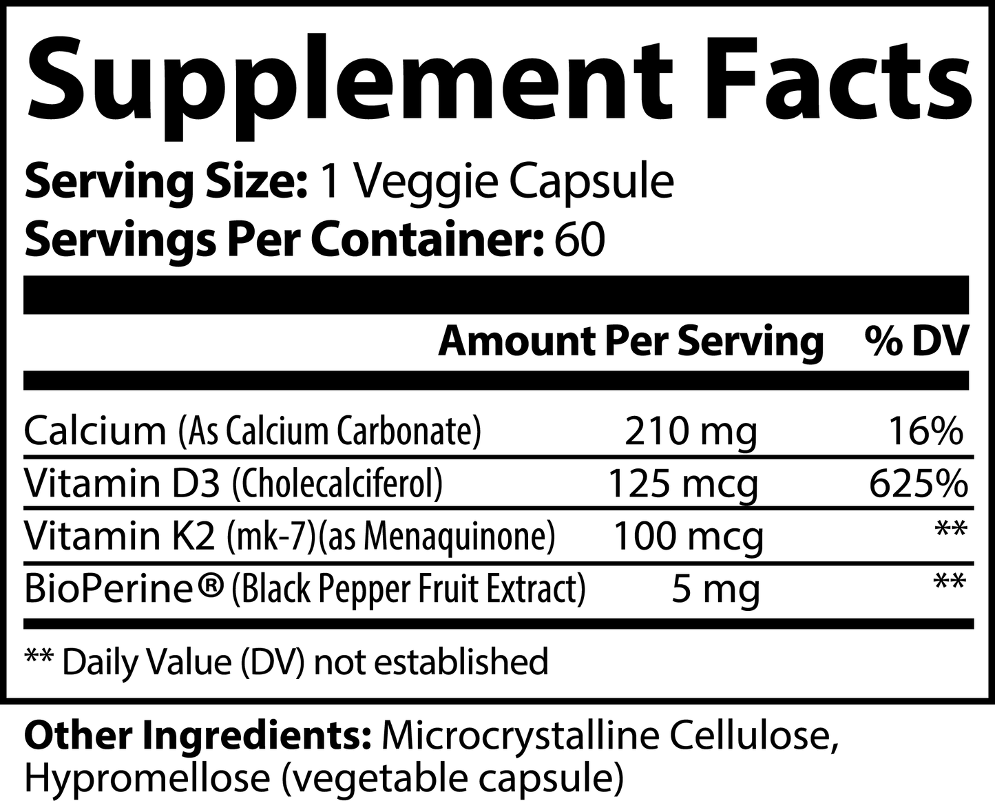 Minimo Nutrition K2 + D3 Bone & Heart Support, 60 ct. Supplement Facts