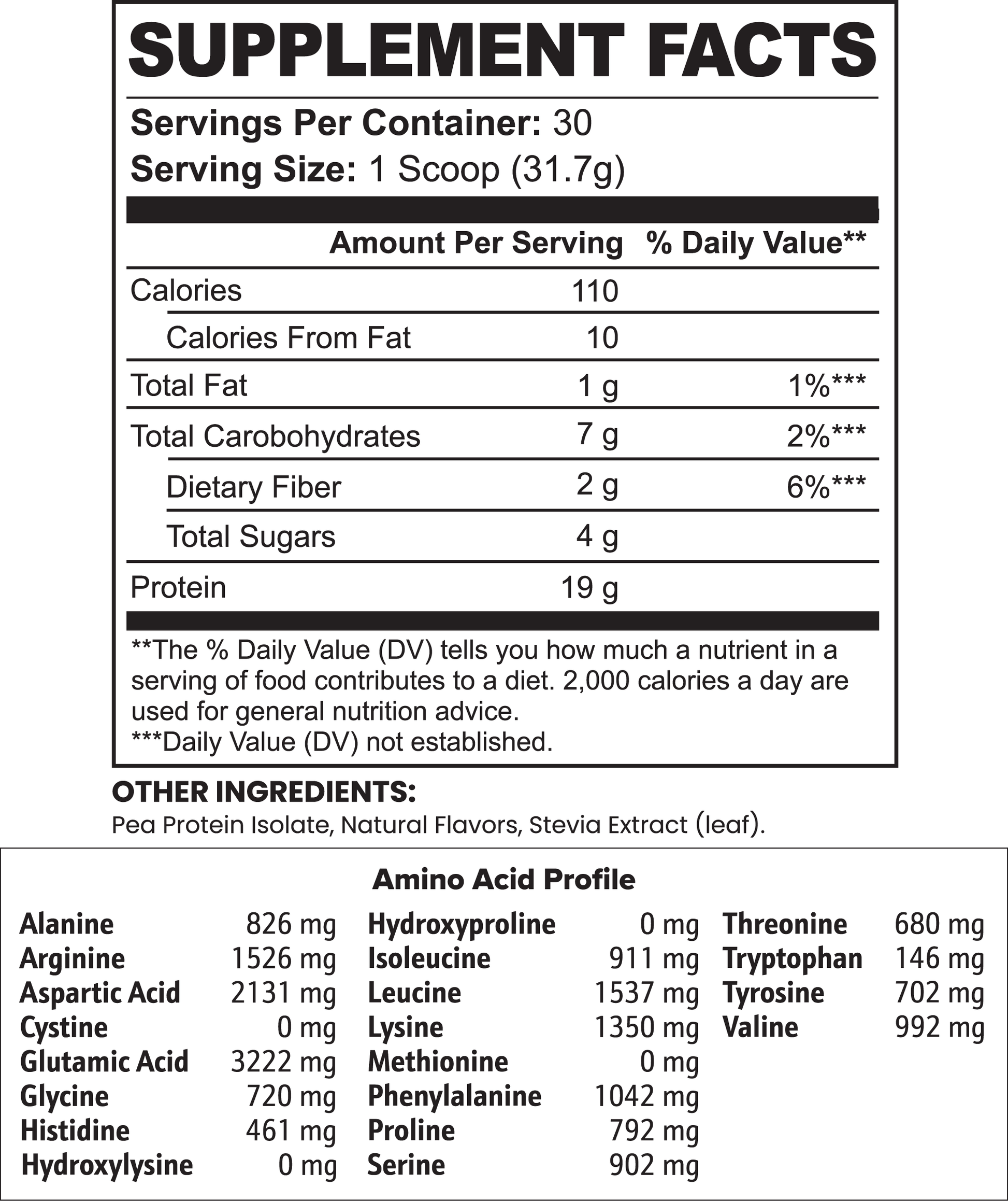 Chocolate Vegan Pea Protein Isolate Powder - Non Whey Protein Powder Supplement Facts