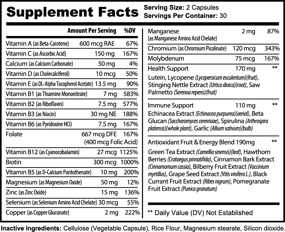 Complete Multivitamin + Immunity Boost | Non GMO | Natural | Gluten Free Supplement Facts