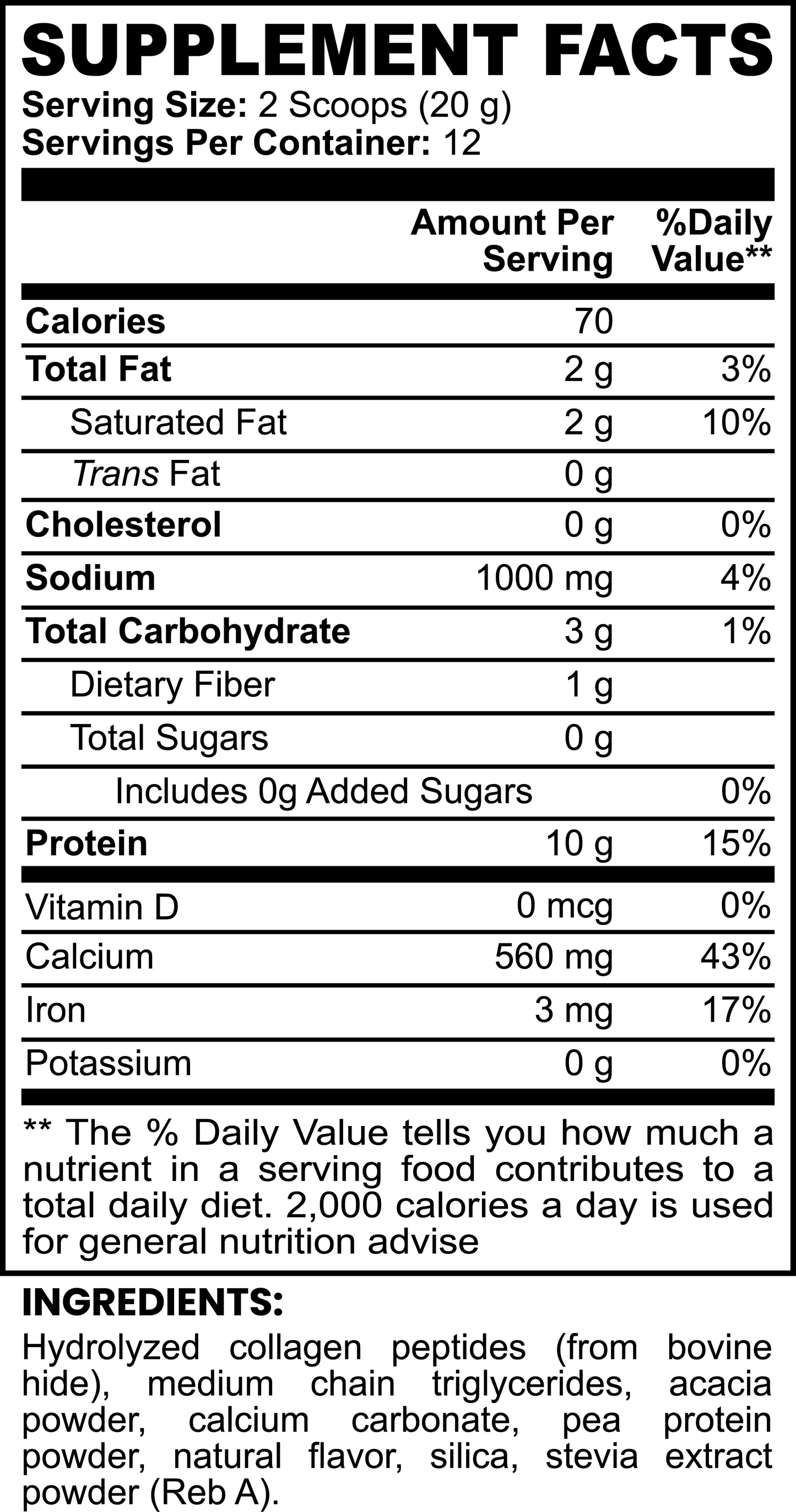 Minimo Nutrition Grass Fed Collagen Creamer Nutrition Facts