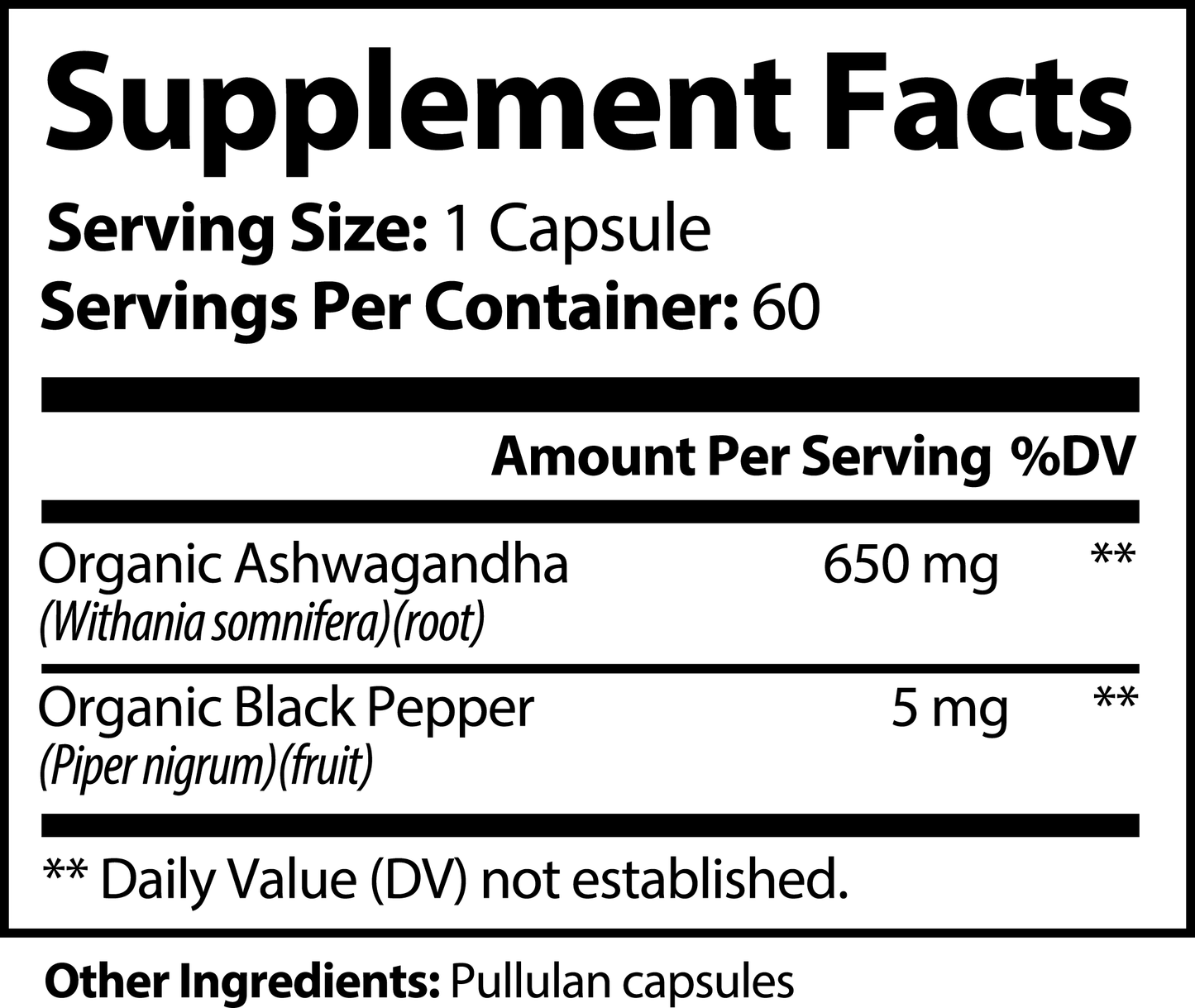 Minimo Nutrition Organic Ashwagandha with Black Pepper, 60 ct. Supplement Facts