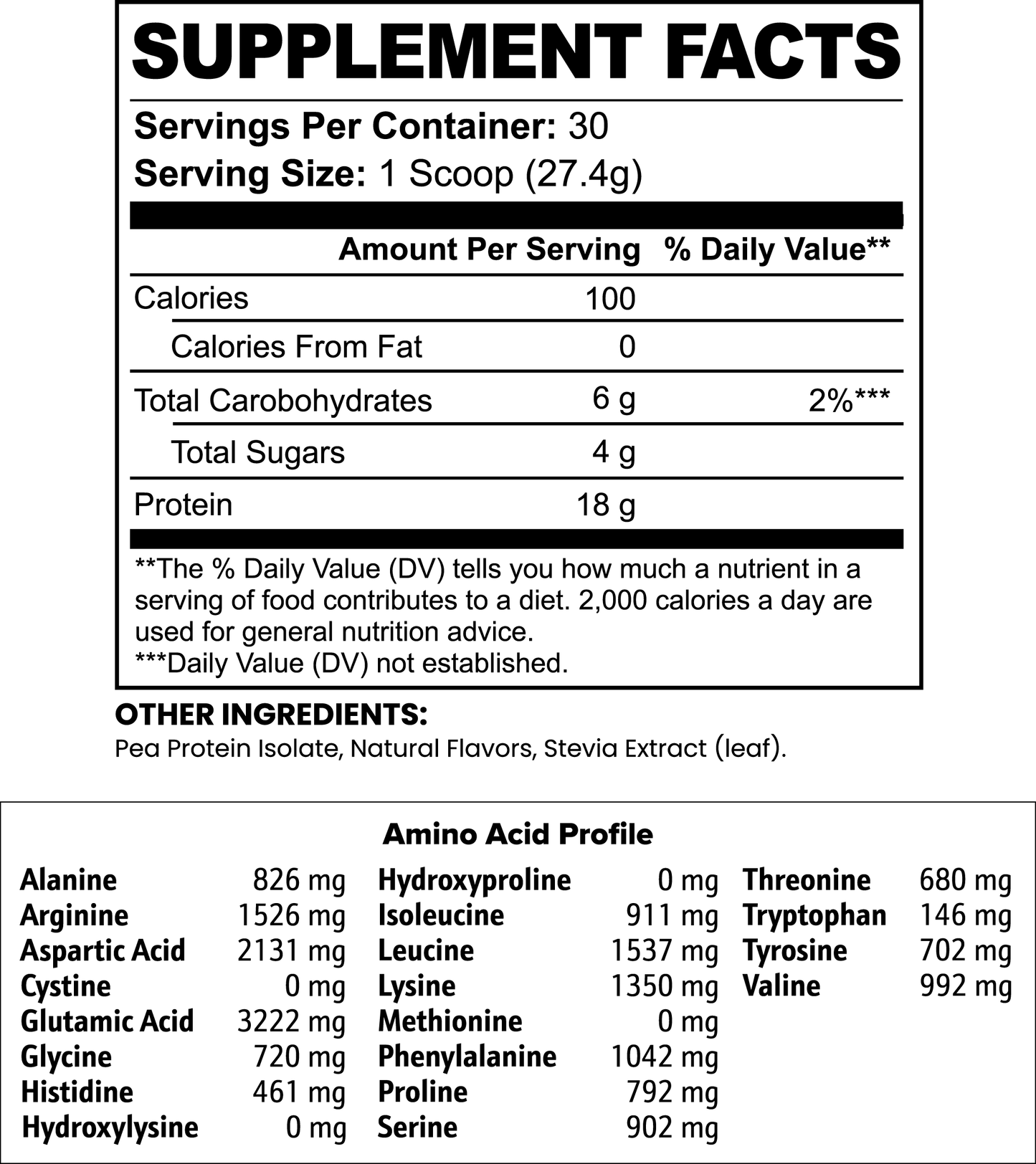 Vanilla Vegan Pea Protein Isolate Powder - Non Whey Protein Powder Supplement Facts